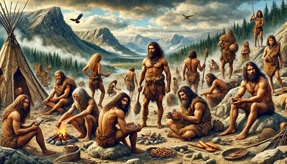 Humanos primitivos se comunicando na idade da pedra