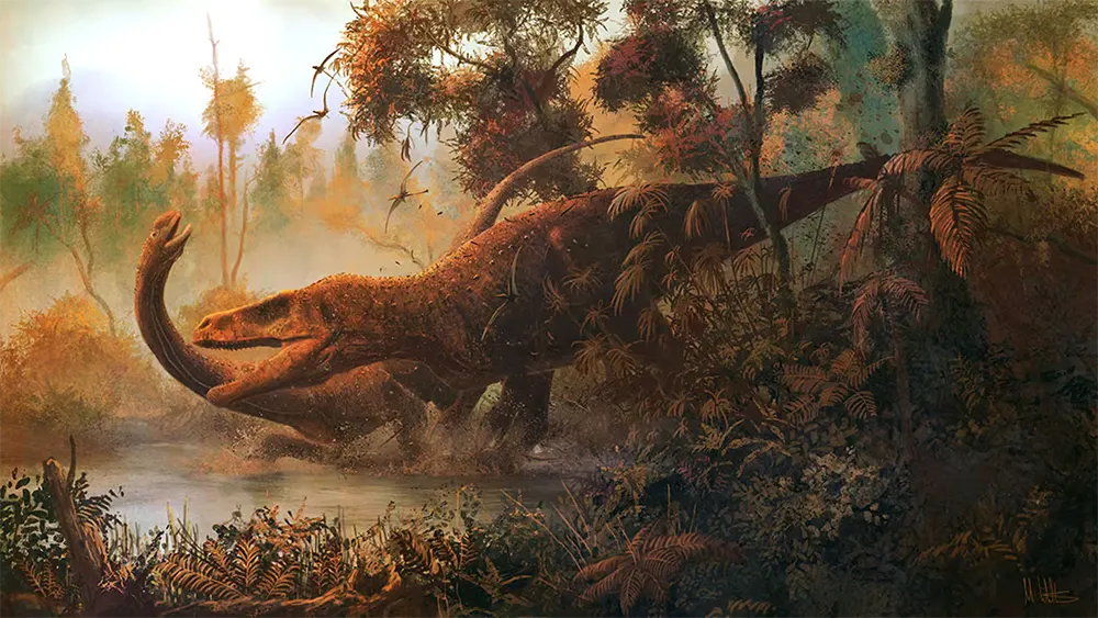 Megalosaurus caçando um enorme cetiosaurus
